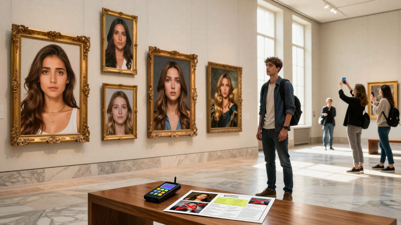 Galeria de arte com retratos femininos e visitantes a observá-los num espaço iluminado por grandes janelas.