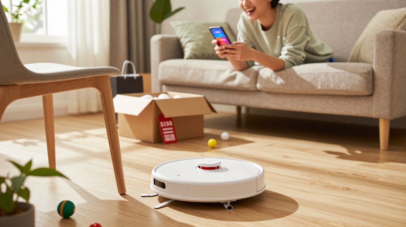 Robô aspirador a limpar chão de madeira enquanto mulher sorridente usa telemóvel no sofá.