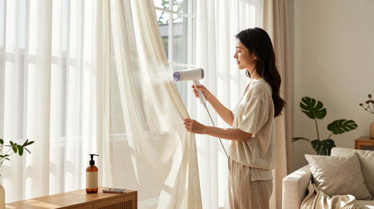 Mulher a secar cortinas claras ao lado de uma janela em sala luminosa e decorada com plantas.
