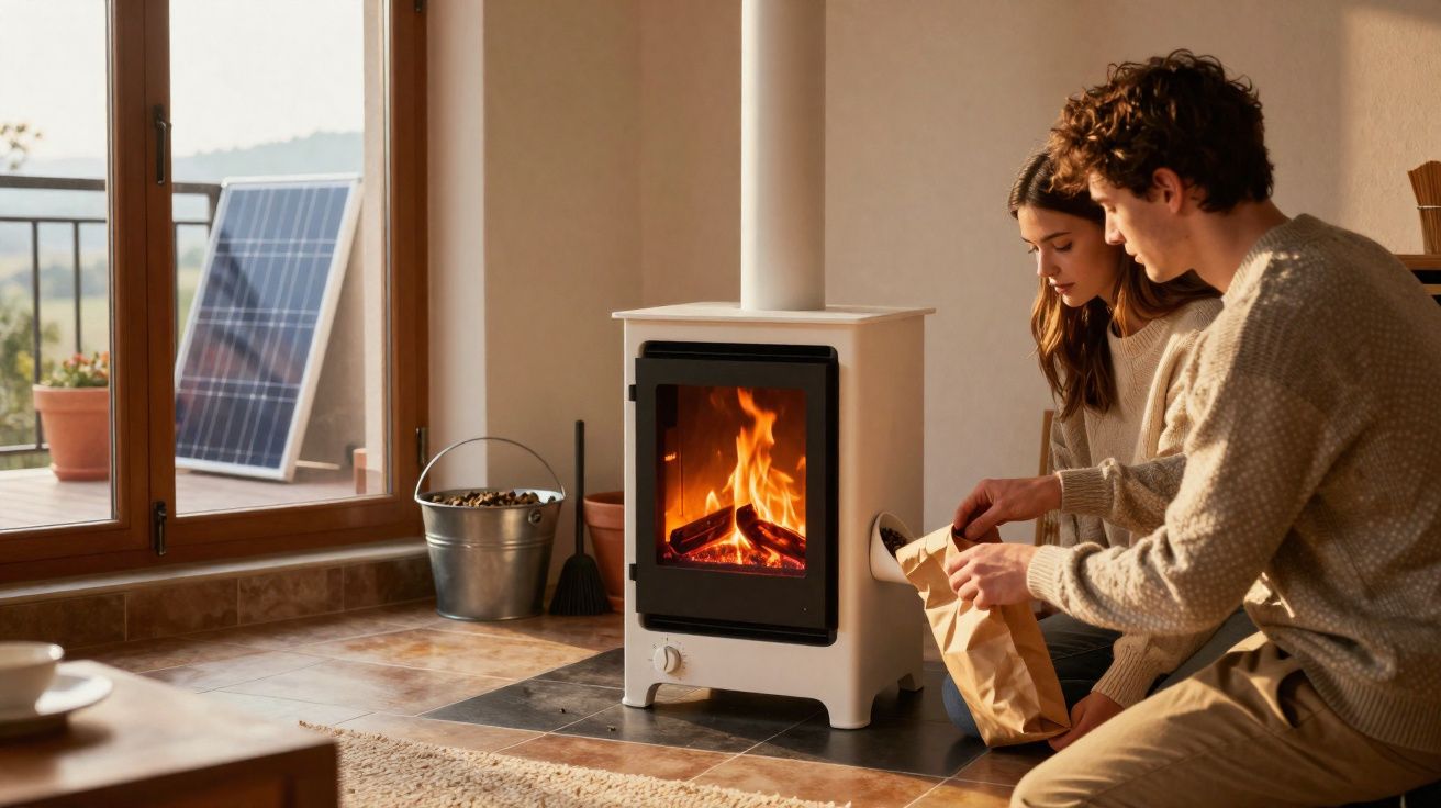 Casal jovem alimenta lareira de fogão a lenha num ambiente acolhedor e iluminado por luz natural.