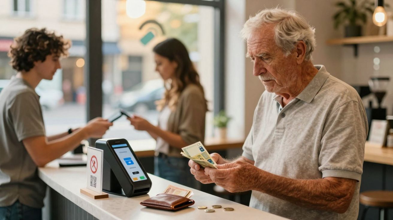 Homem idoso a contar dinheiro enquanto faz pagamento num café moderno com dois clientes ao fundo.