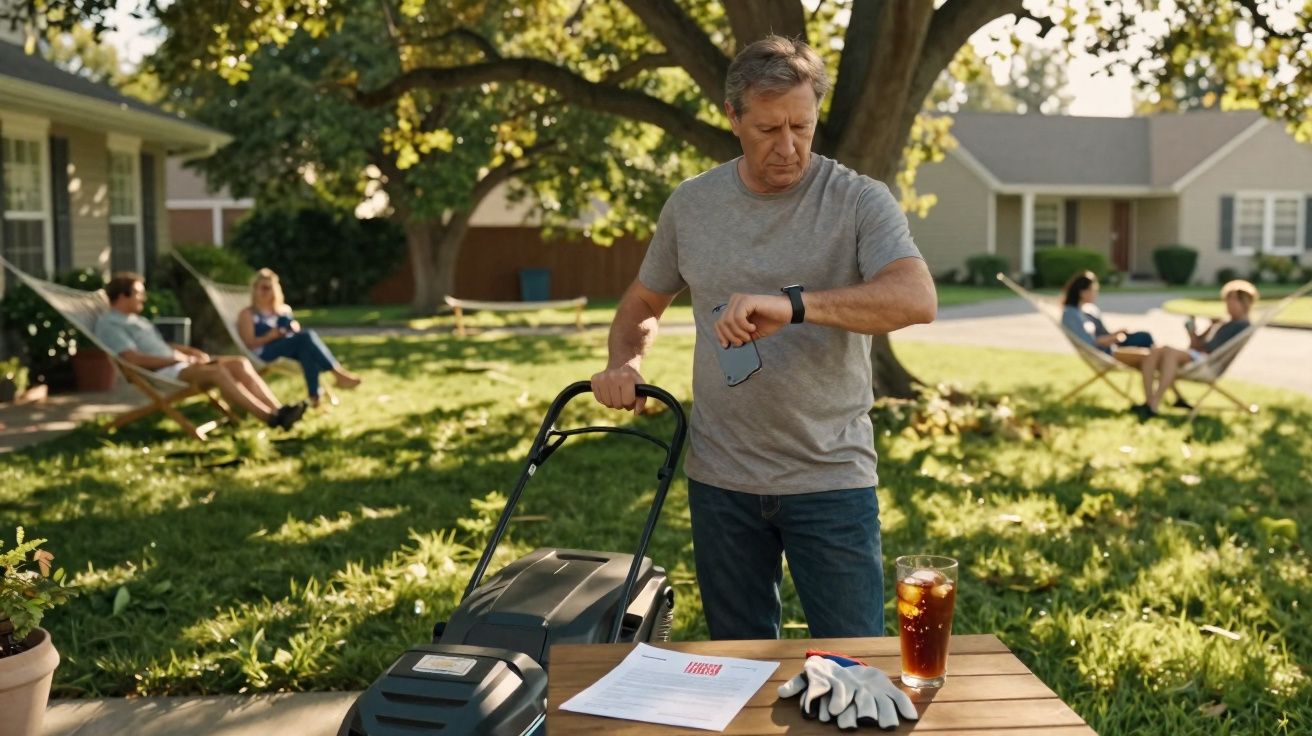 Homem a cortar relva no jardim, olhando para o relógio inteligente, com pessoas sentadas ao fundo.