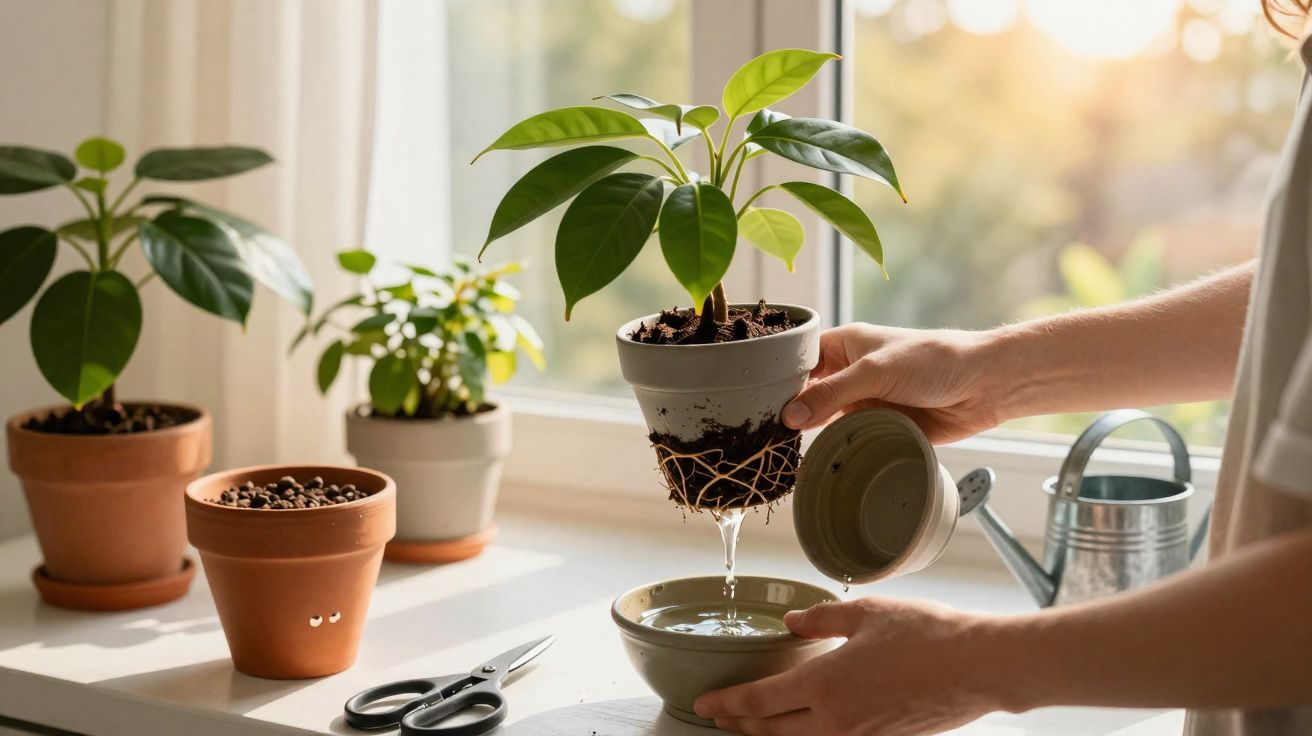 Pessoa a transplantar planta de vaso com sistema de drenagem, perto de janela com luz natural, utensílios de jardinagem.