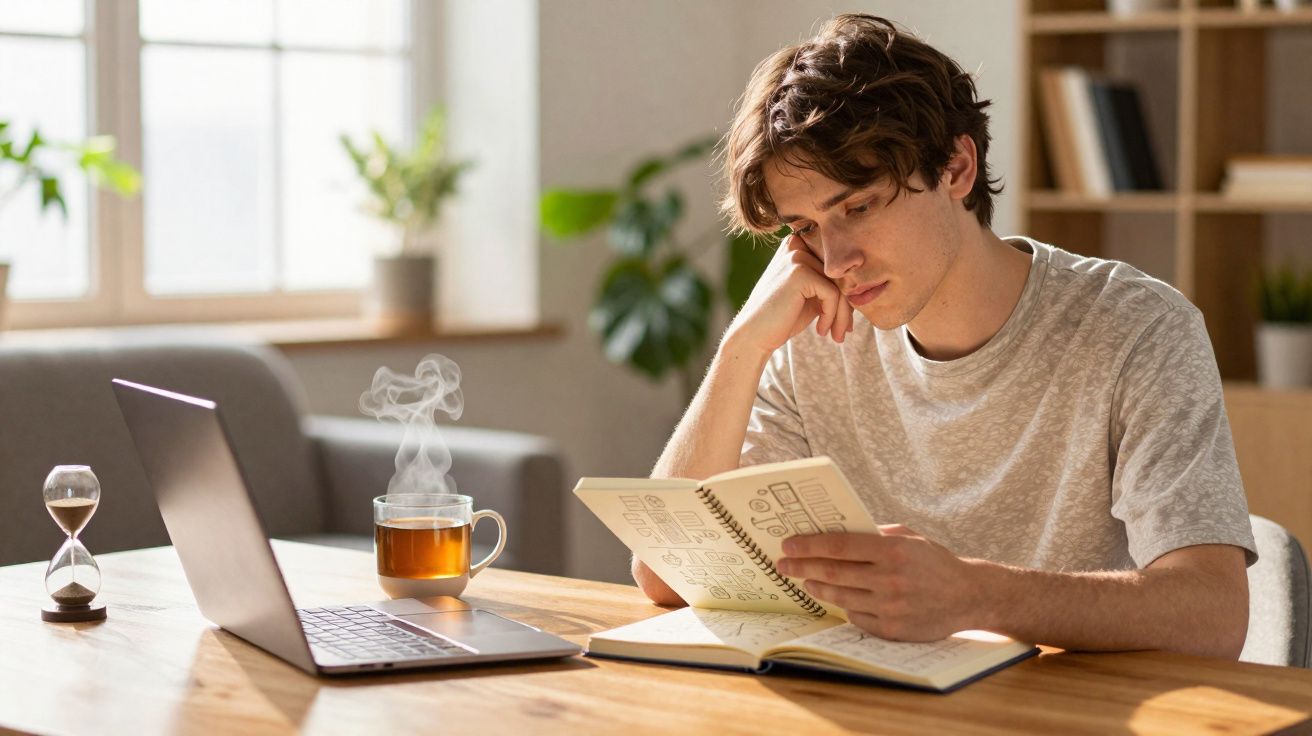 Jovem a estudar com livro aberto e portátil numa mesa de madeira, com chá quente e ampulheta.