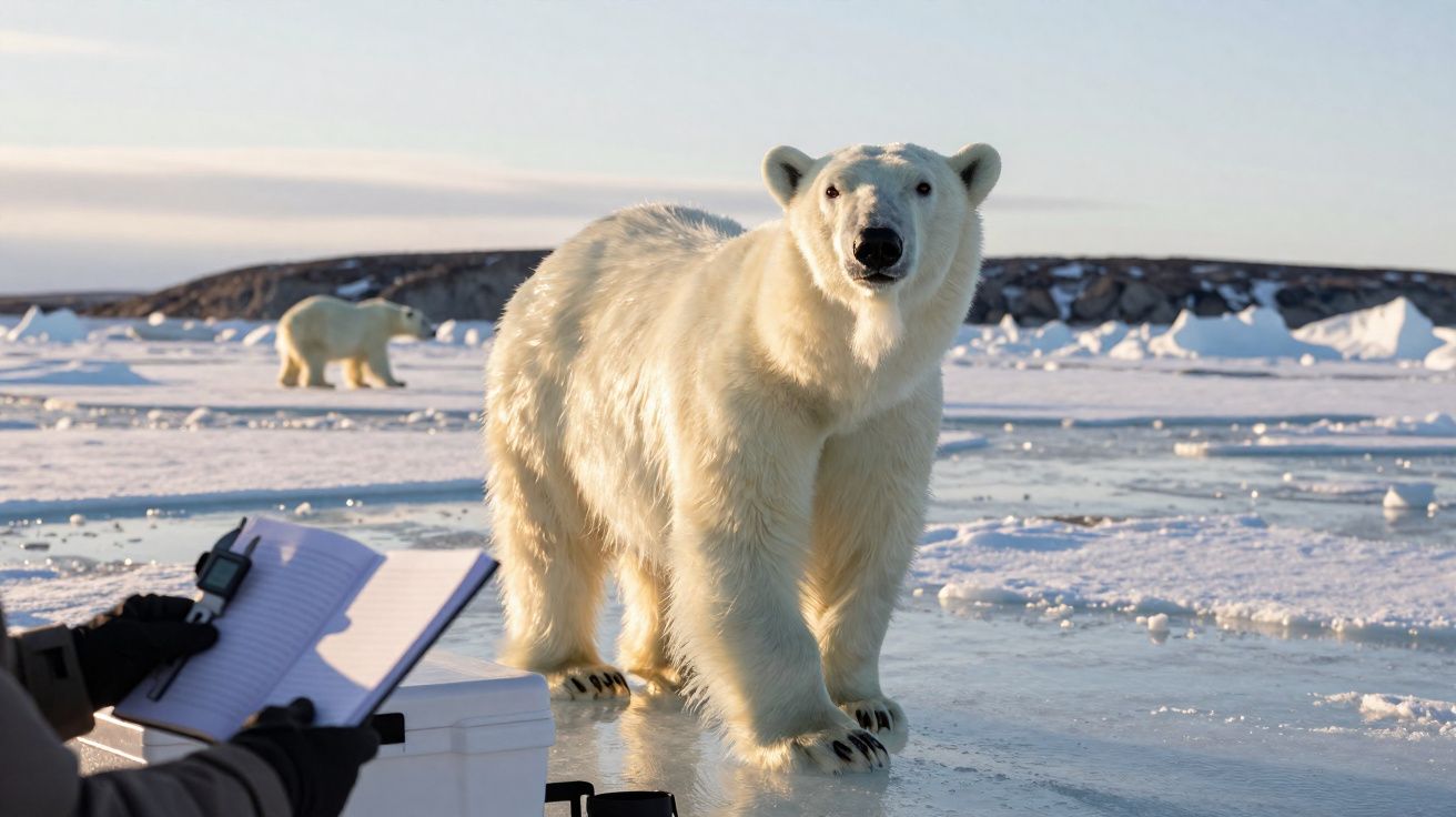 Ursos polares na superfície gelada do Ártico, com pessoa a anotar dados numa caderneta.