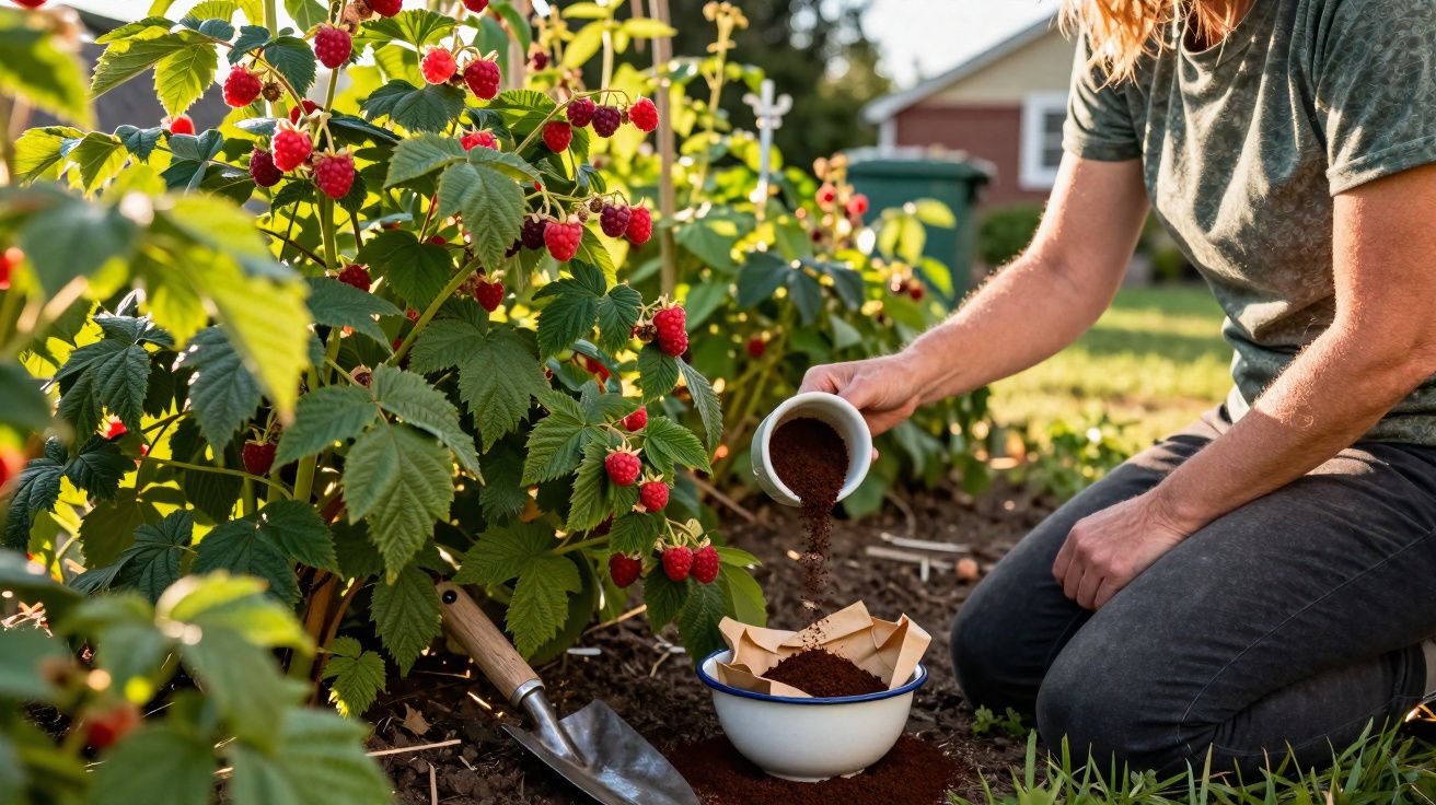 Pessoa a fertilizar planta de framboesas com composto orgânico num jardim durante o dia.