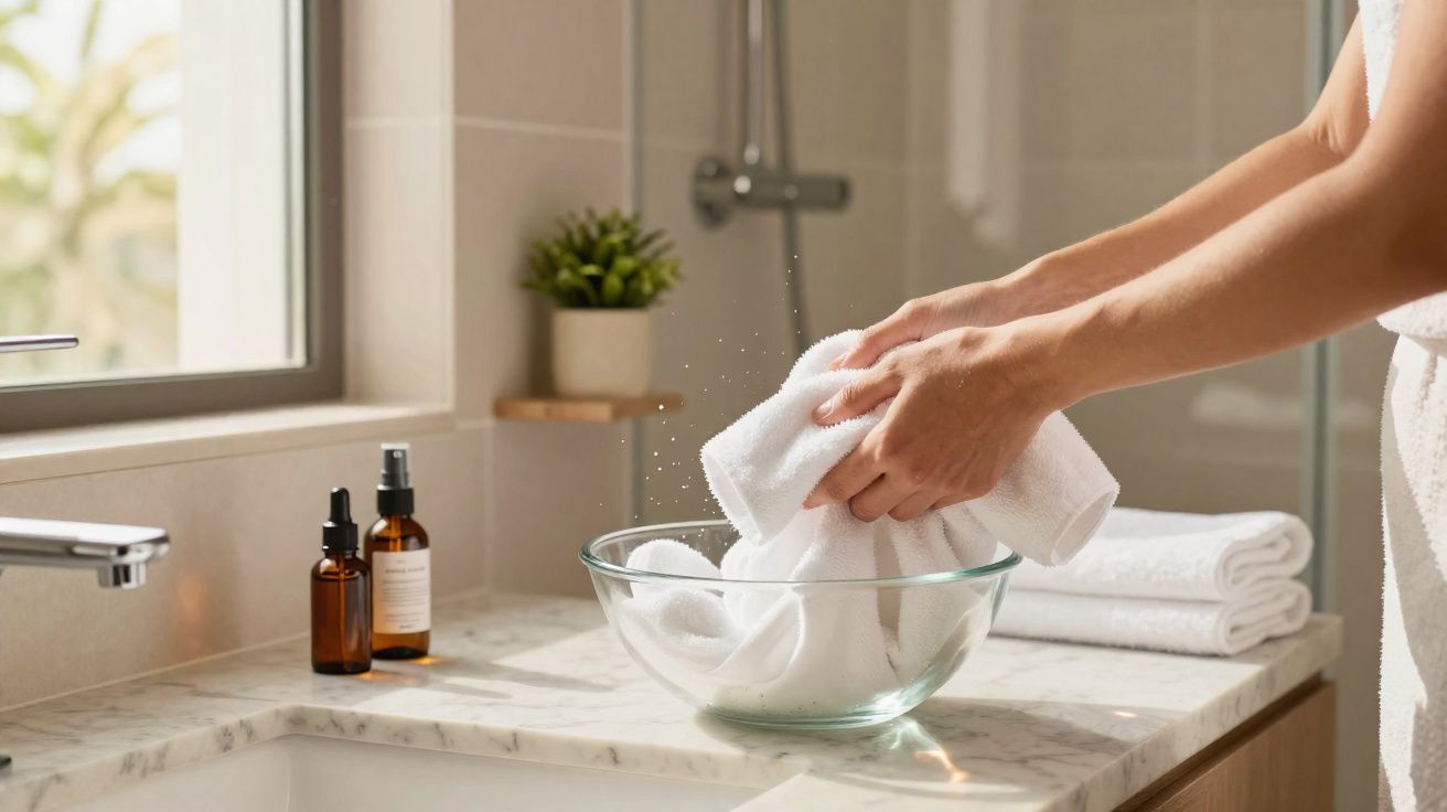 Mãos a espremer uma toalha branca sobre uma taça de vidro, em cima de bancada de casa de banho clara.