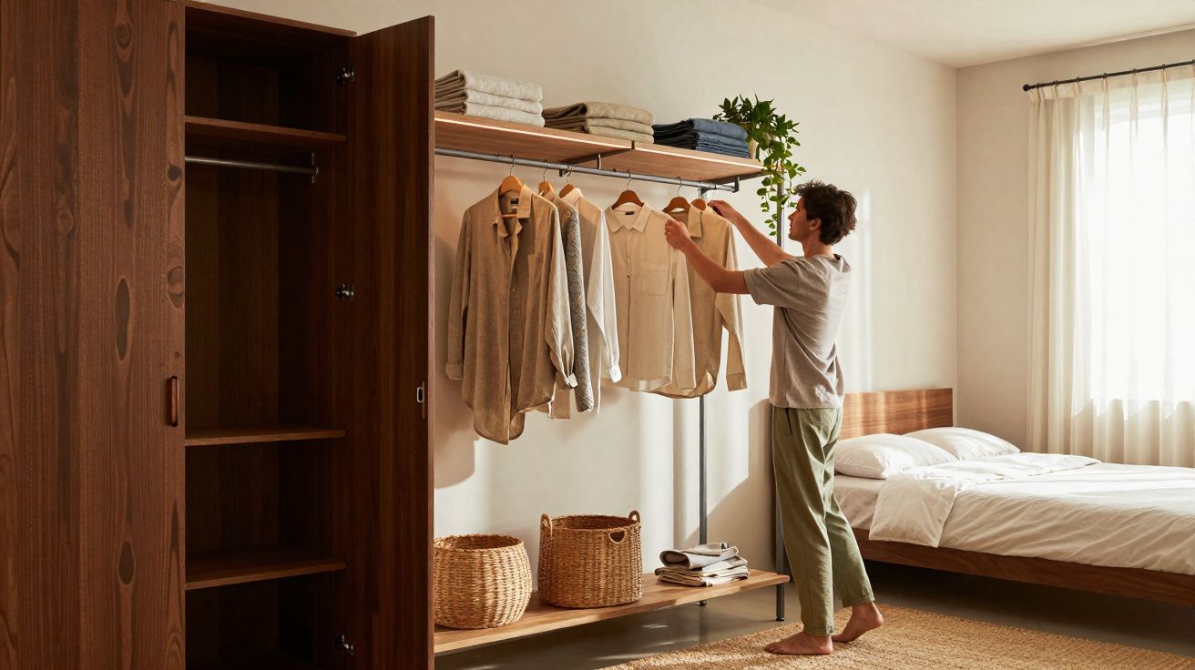 Homem arruma camisas no cabide de um armário aberto numa quarto iluminado e simples.