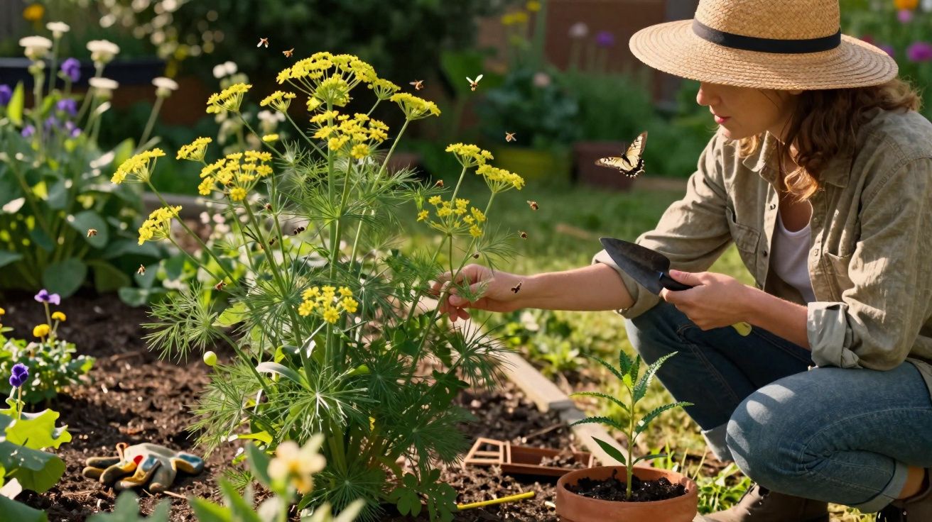 Mulher com chapéu a cuidar de plantas e flores amarelas num jardim ensolarado.