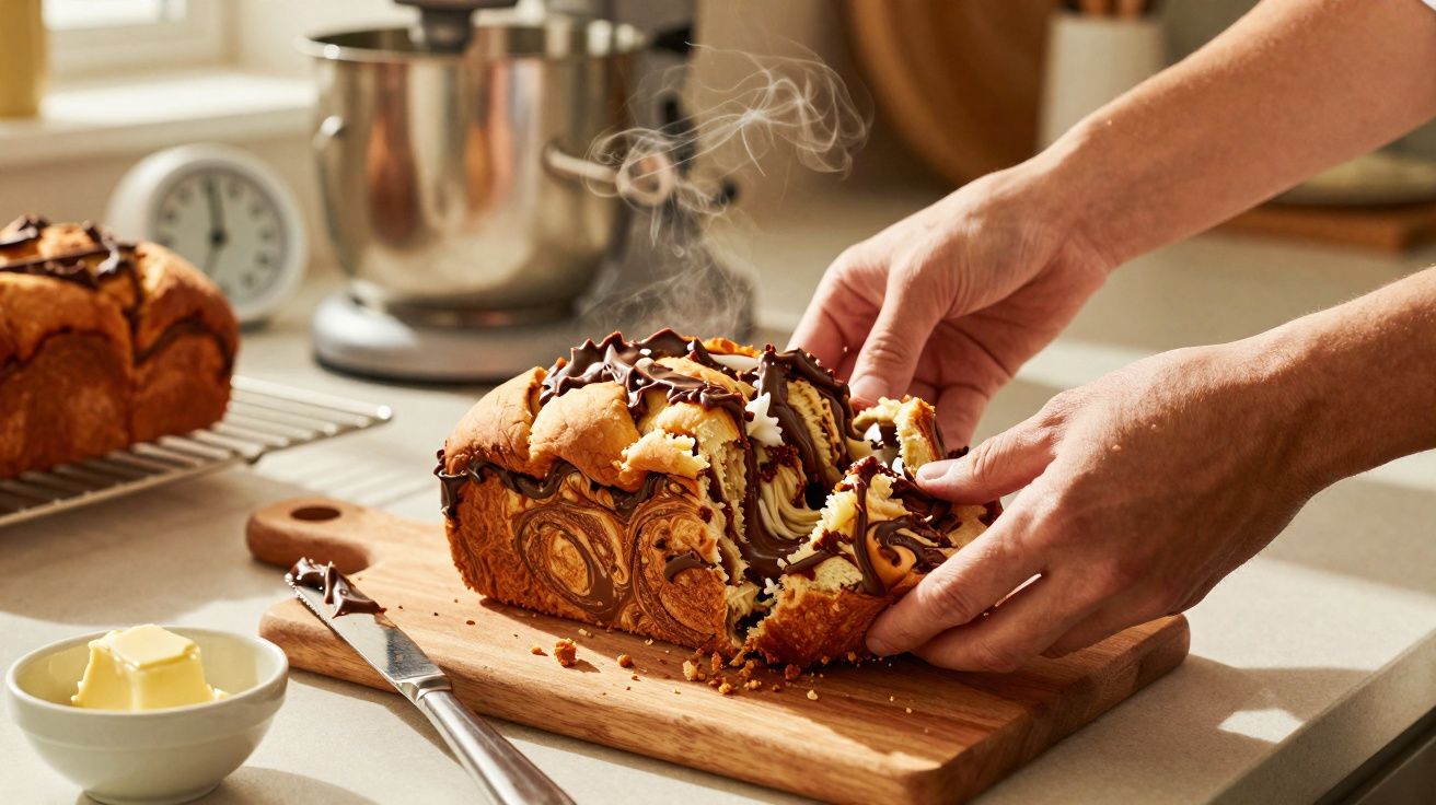 Pão doce decorado com chocolate quente e vapor a sair, sendo partido com as mãos sobre uma tábua de madeira.