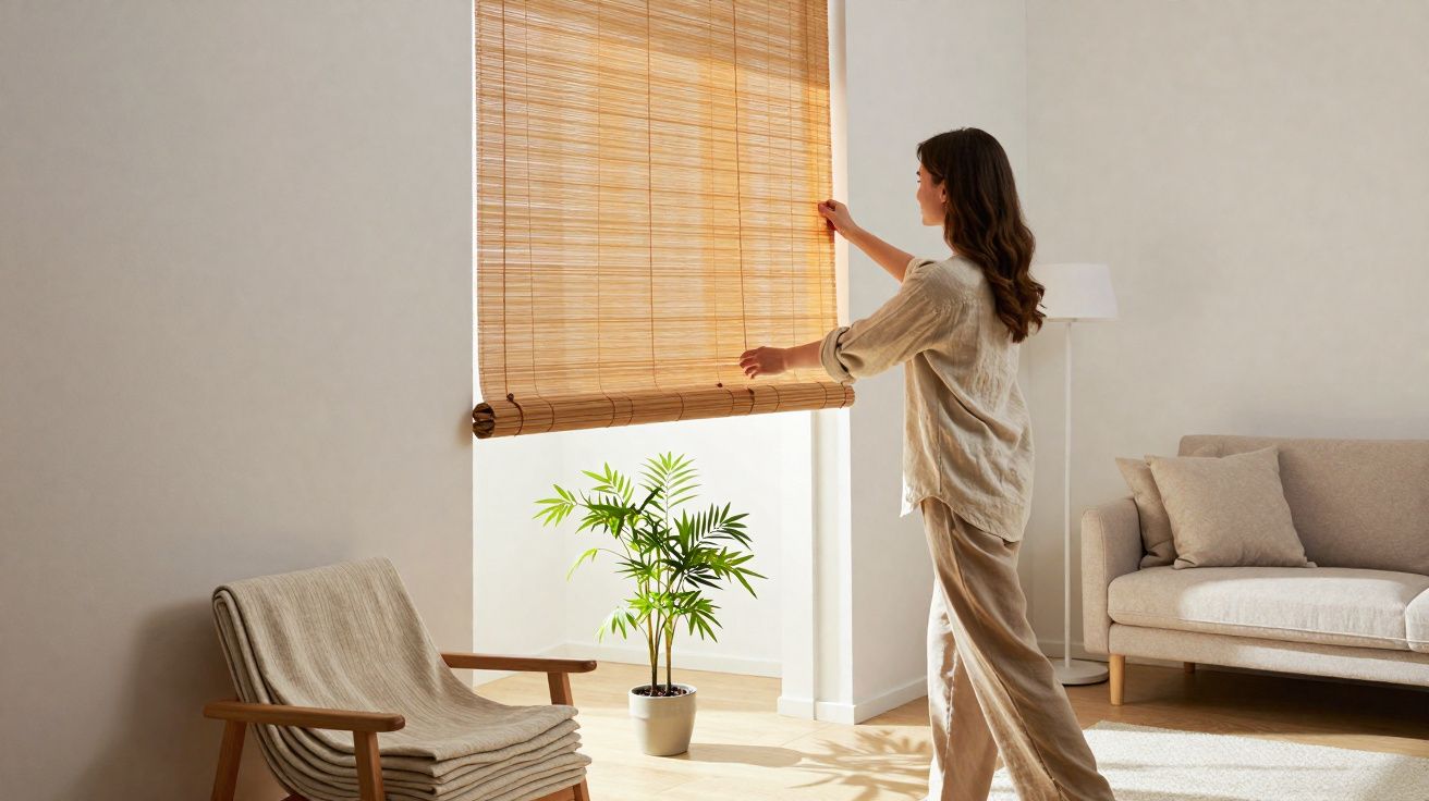 Mulher a abrir estores de bambu numa sala com sofá, poltrona e planta junto à janela.