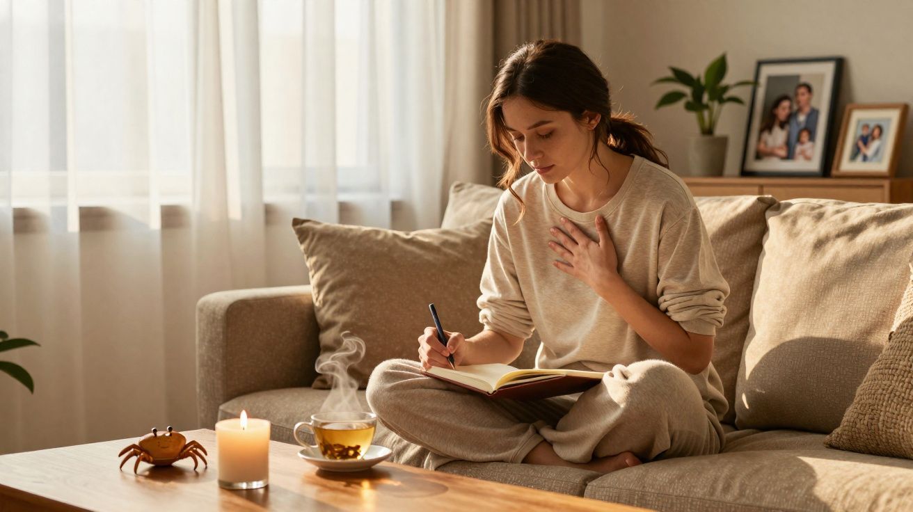 Mulher sentada no sofá a escrever num caderno, rodeada de vela acesa e chá quente numa sala acolhedora.