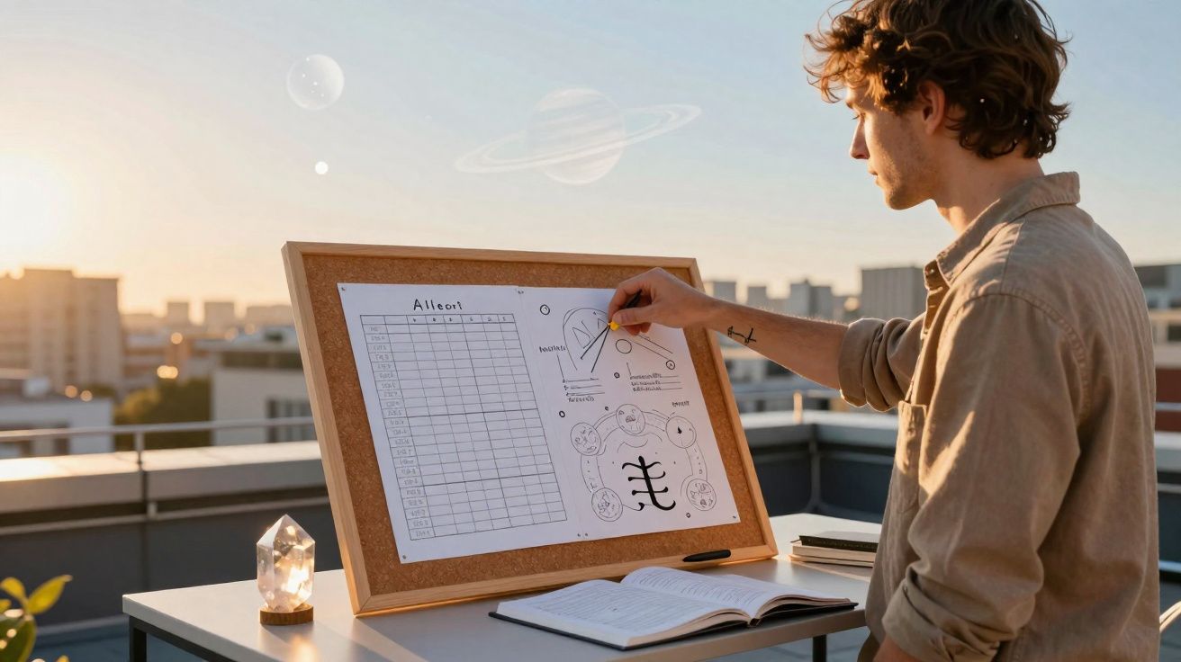 Jovem a estudar símbolos e gráficos esotéricos num quadro numa varanda ao pôr do sol.