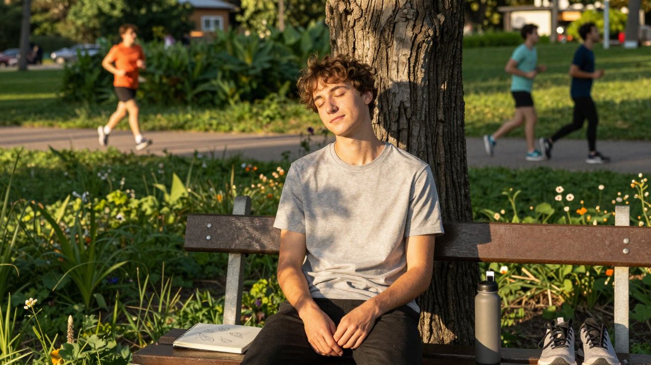 Jovem sentado num banco de parque com olhos fechados, rodeado de plantas e pessoas a correr ao fundo.