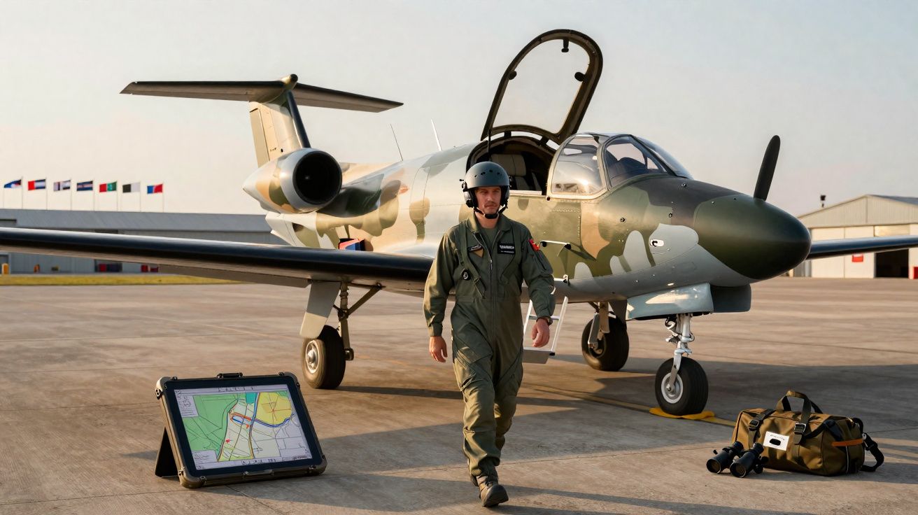Piloto militar de uniforme e capacete camuflado ao lado de avião de pequeno porte estacionado em pista.