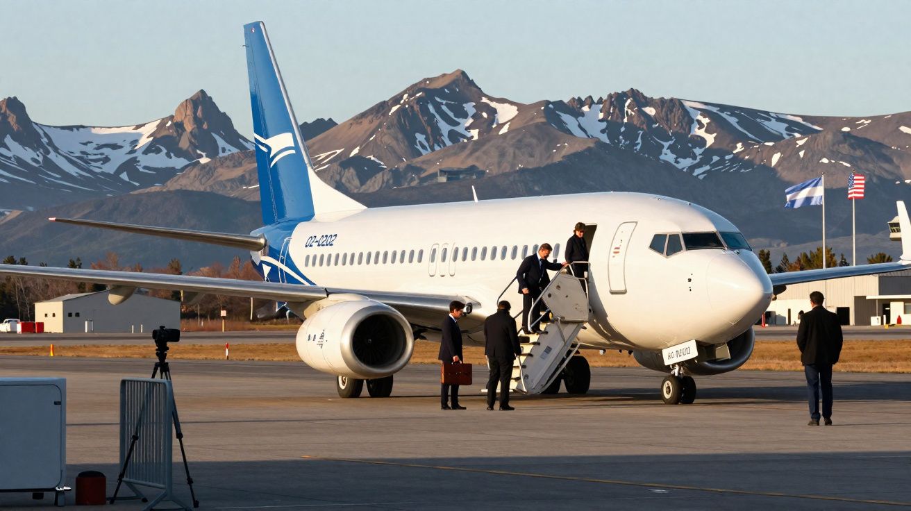 Avião parado na pista com pessoas a entrar, montanhas com neve ao fundo.