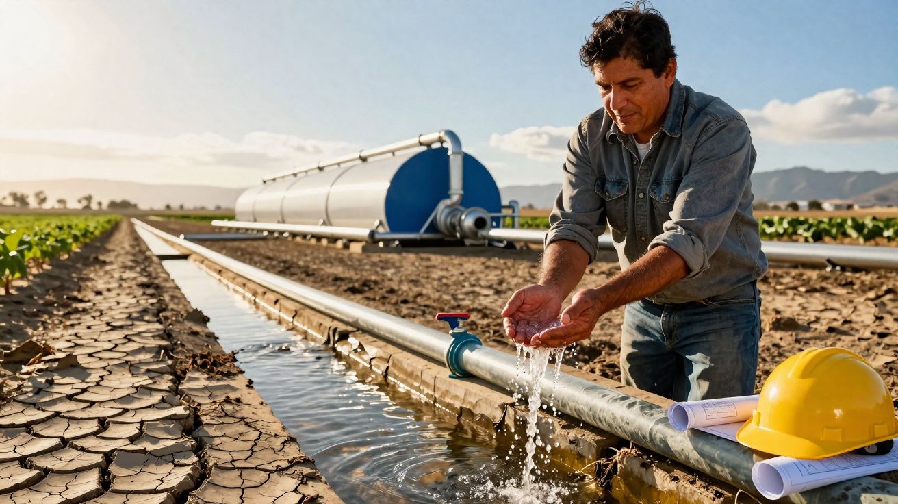 Agricultor a recolher água numa canalização de irrigação numa plantação sob céu azul.