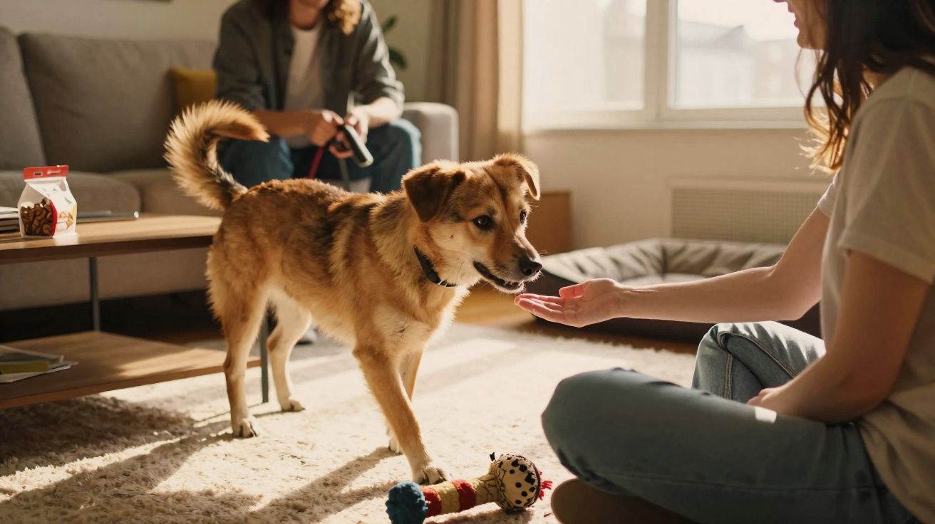 Cão castanho aproximando-se da mão de uma pessoa sentada no chão, com outra pessoa ao fundo no sofá.
