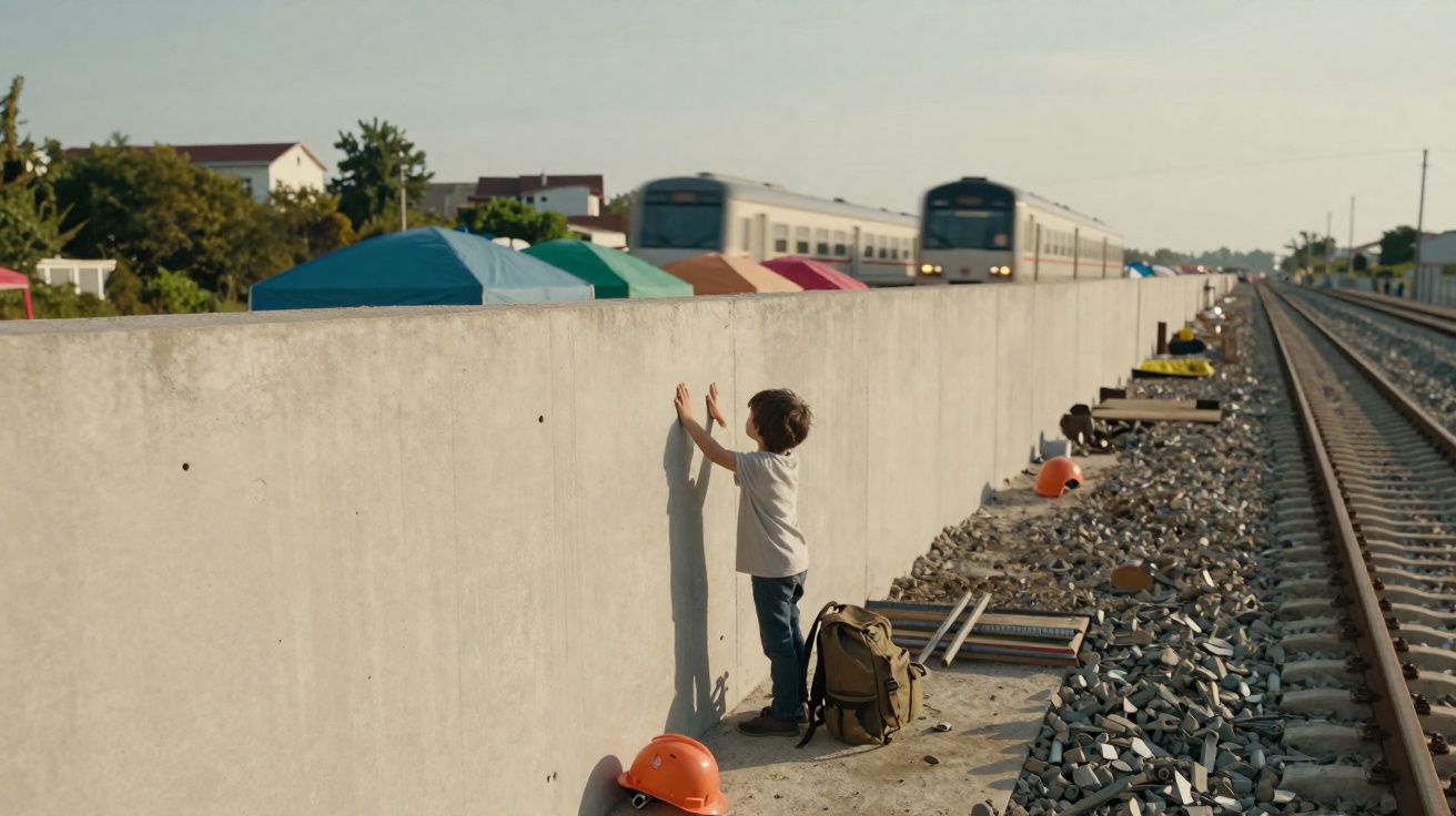 Criança toca num muro enquanto um comboio passa numa linha férrea num dia ensolarado.