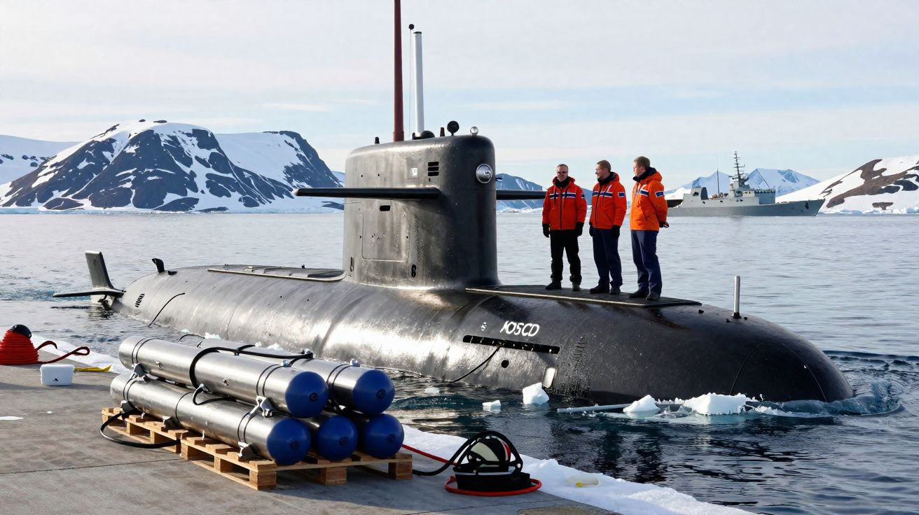 Submarino militar com três pessoas de casacos laranja no convés, em águas geladas com montanhas ao fundo.