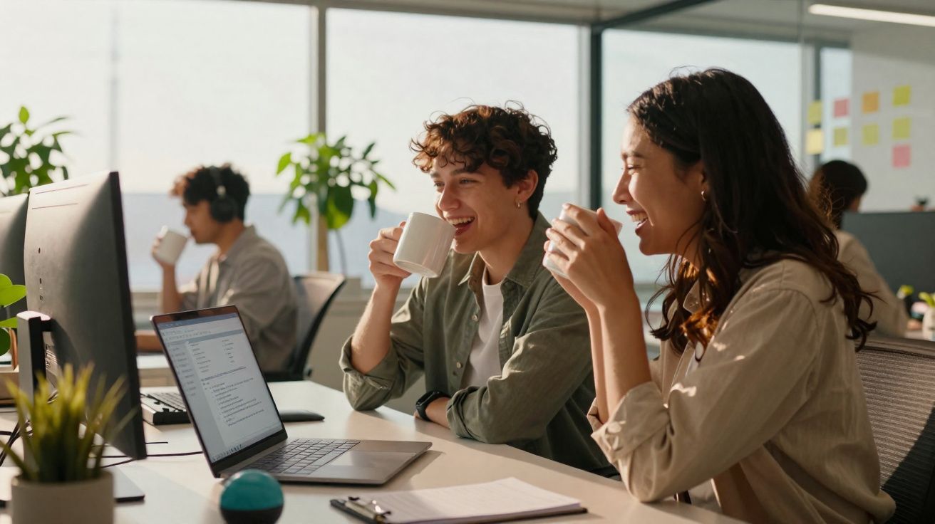 Duas pessoas a sorrir e beber café enquanto trabalham em escritório moderno com computador e laptop.