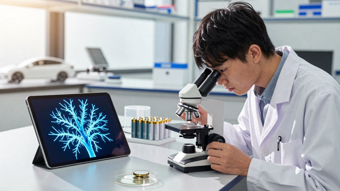 Cientista asiático em bata branca analisa amostra no microscópio com imagem digital de neurónio ao lado.