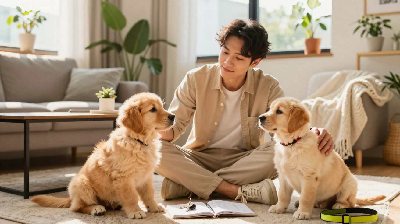 Jovem sentado no chão em sala iluminada, a brincar com dois cachorros golden retriever.