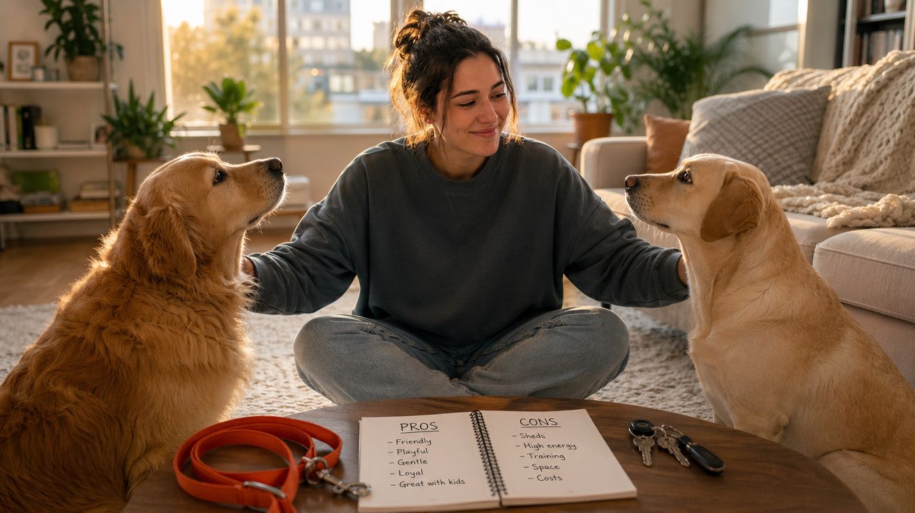 Mulher sentada no chão entre dois cães, com livro aberto entre eles detalhando prós e contras de ter cães.