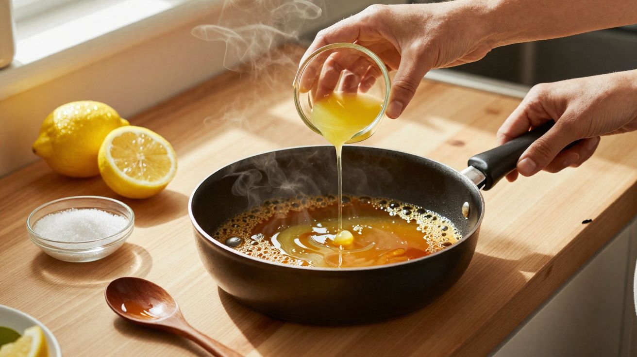 Mãos a deitar sumo de limão numa frigideira com líquido quente, com limões e sal ao lado.