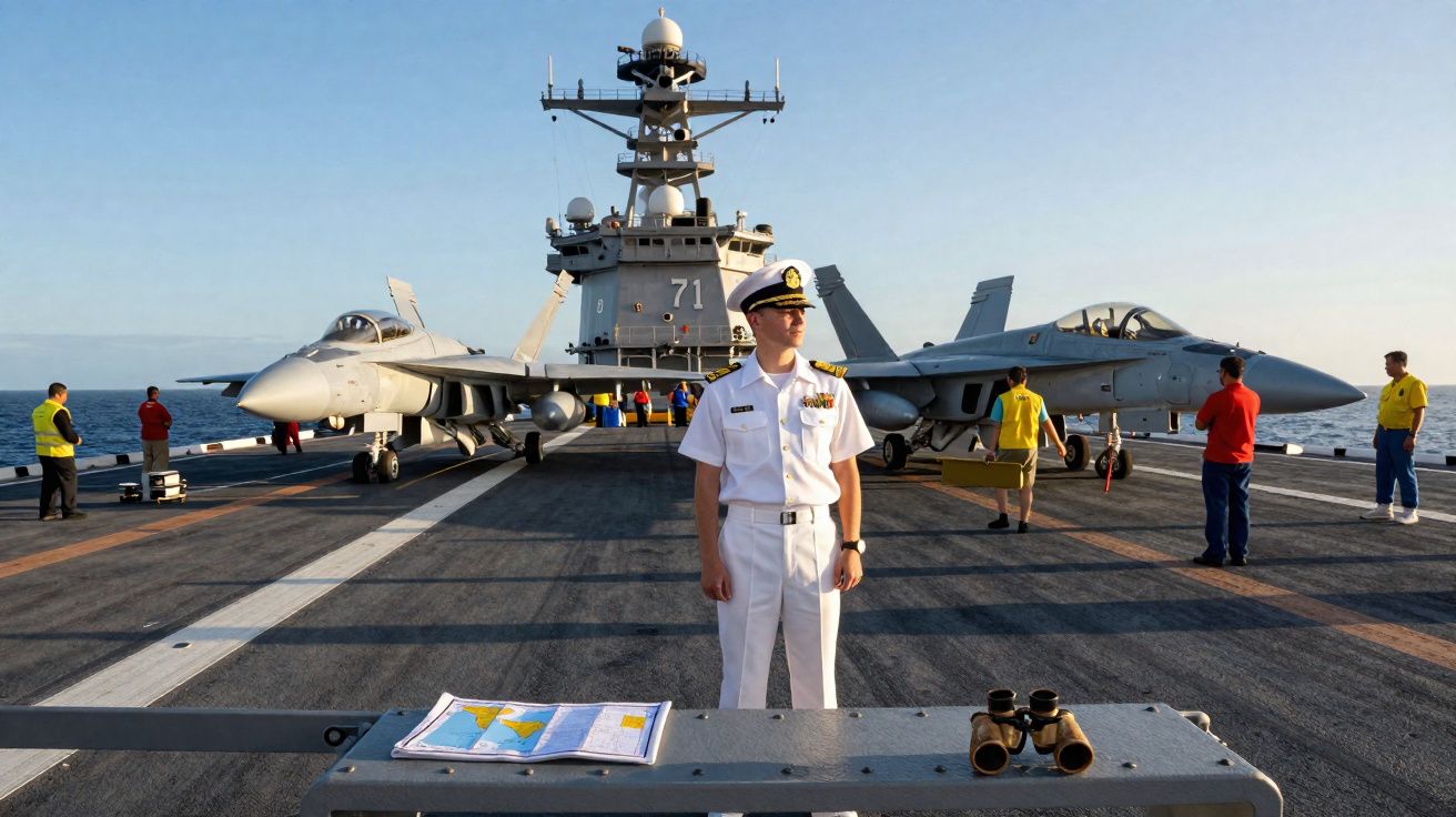 Oficial da marinha em convés de porta-aviões com caças estacionados e tripulação ao fundo no mar.