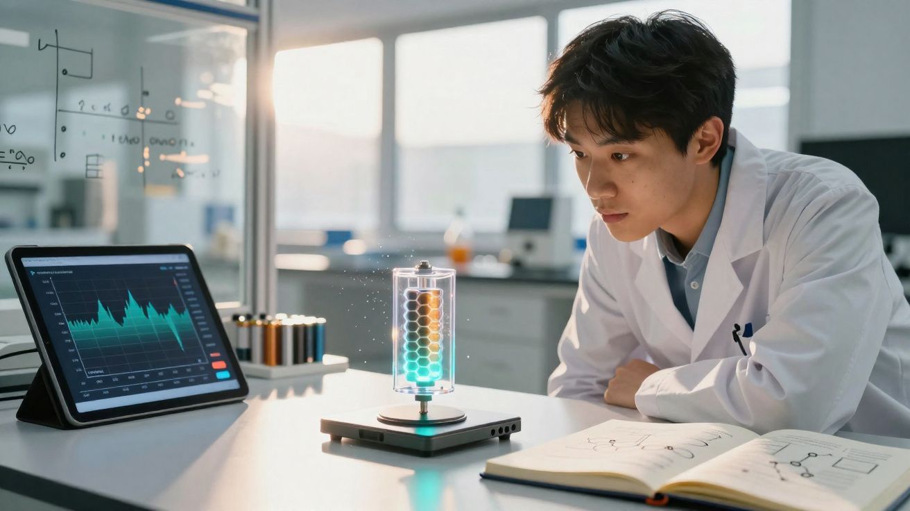 Cientista observa bateria holográfica brilhante em laboratório moderno com tablet e caderno aberto na mesa.