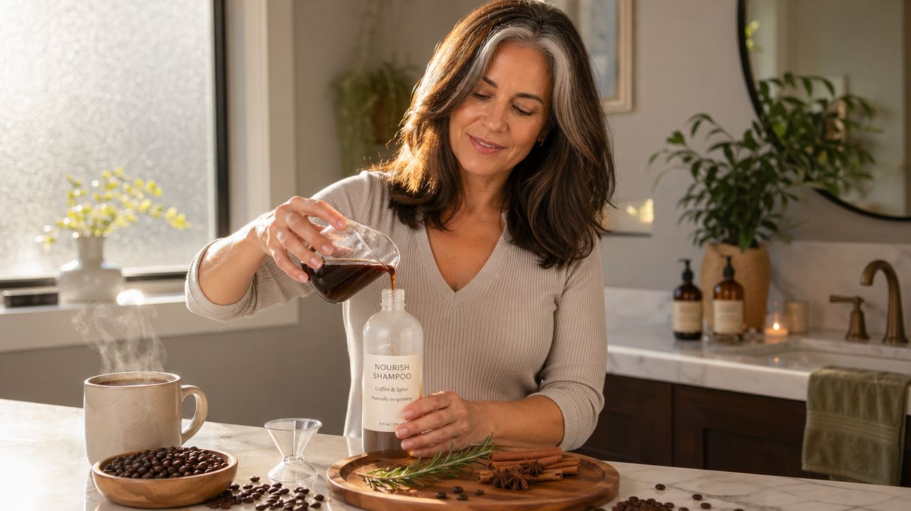 Mulher de meia-idade a verter café num frasco de champô numa cozinha luminosa com decoração natural.