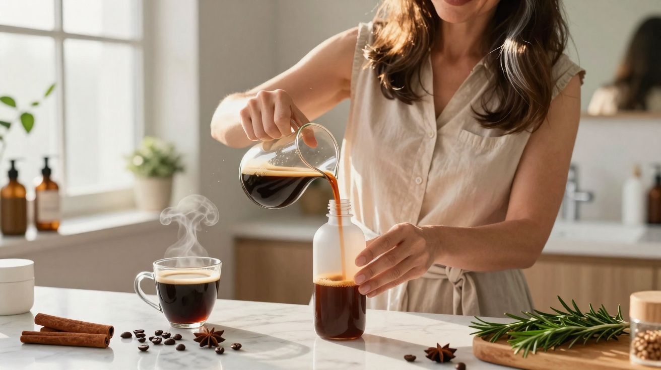 Mulher a servir café num copo e a encher uma garrafa num ambiente de cozinha iluminado.