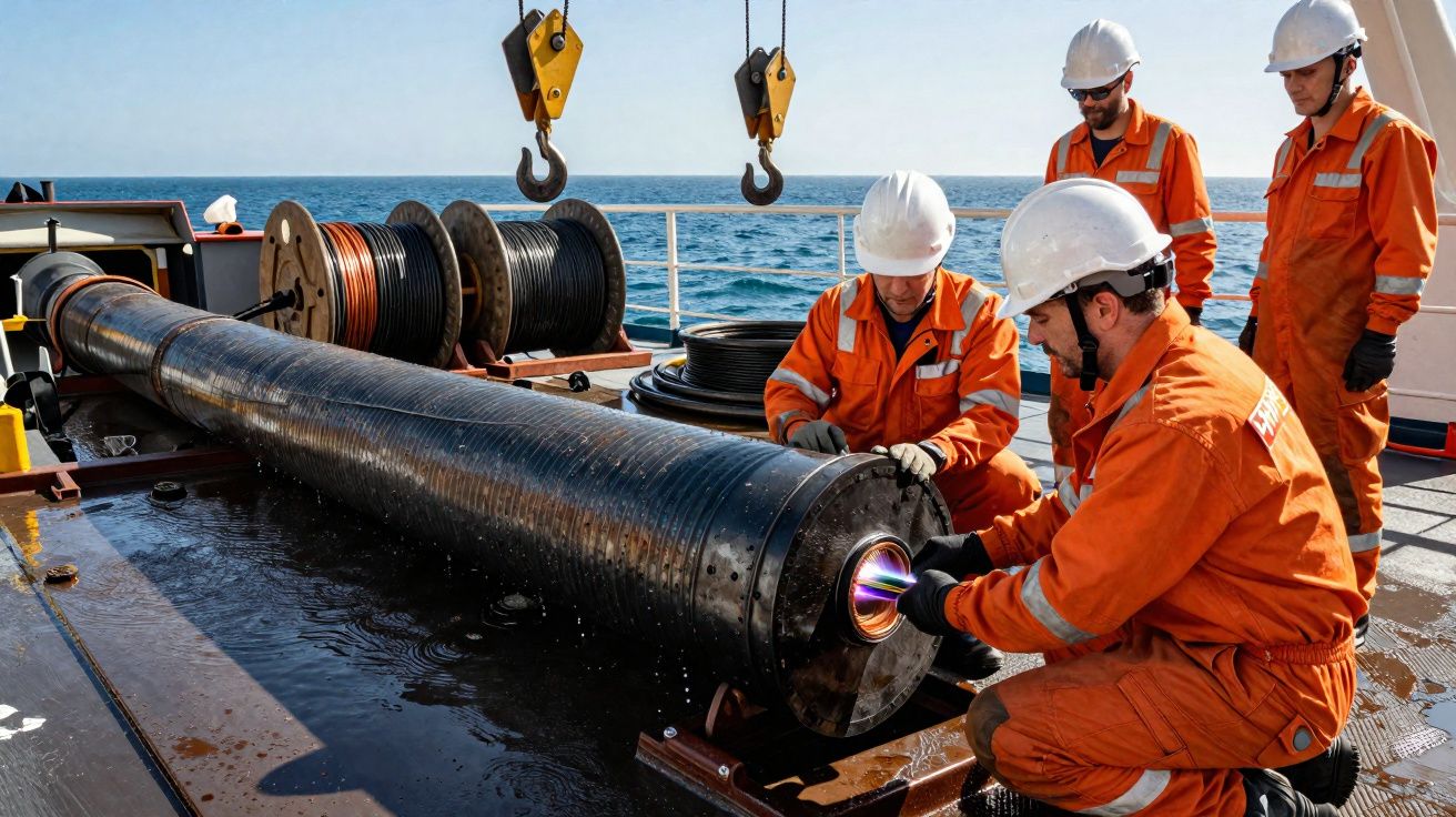 Cinco trabalhadores de coletes e capacetes brancos inspecionam equipamento no convés de um navio no mar.