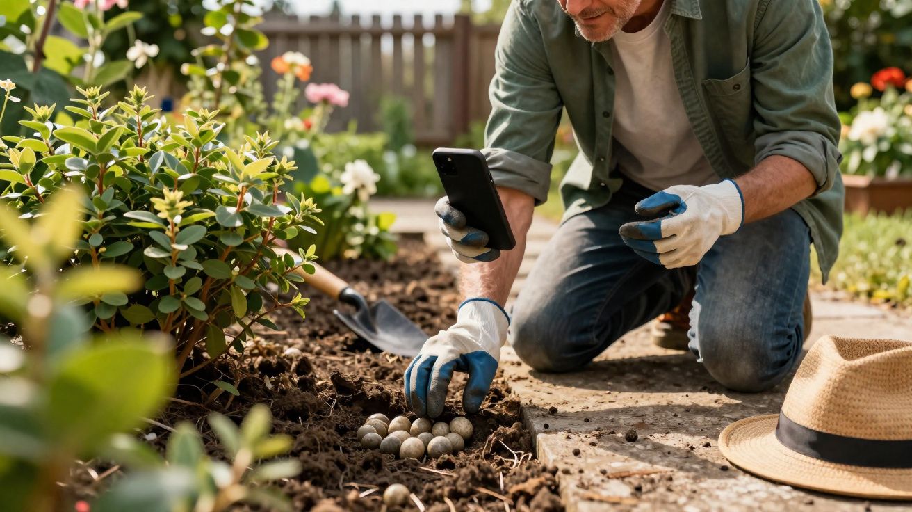 Homem a usar luvas a plantar sementes no jardim enquanto consulta informações no telemóvel.