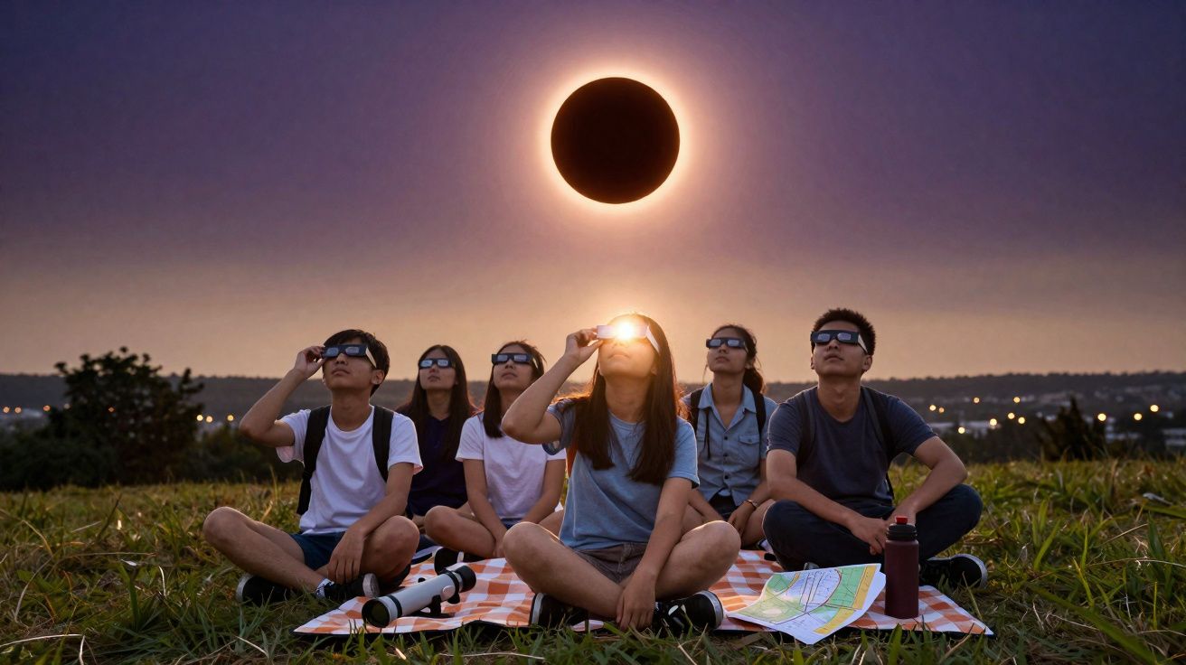 Grupo de pessoas sentadas na relva a observar o eclipse solar total com óculos especiais ao entardecer.