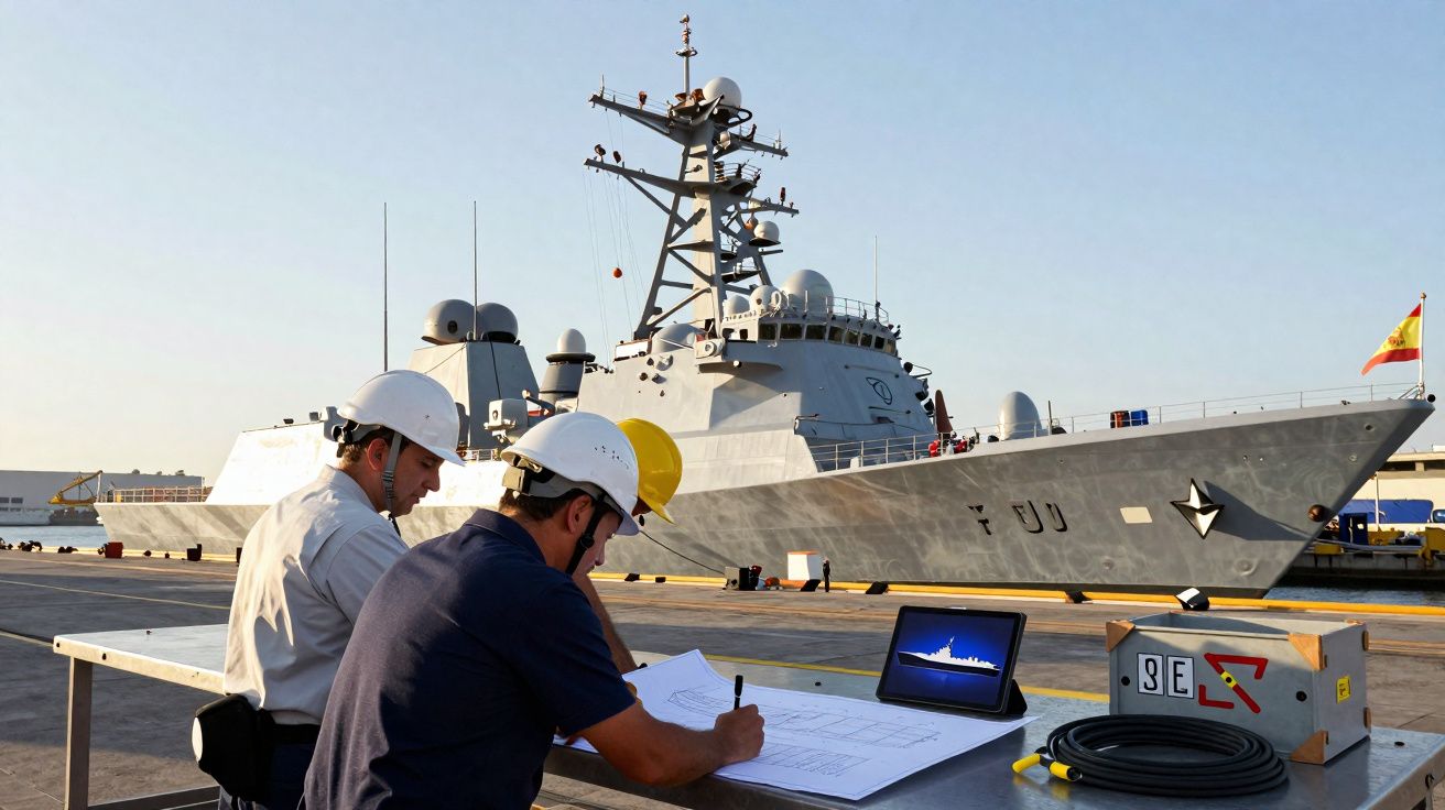 Dois técnicos em capacete a trabalhar com planos junto a um porta-aviões atracado num porto.