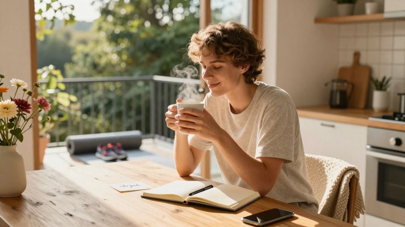 Pessoa sentada à mesa a beber chá quente com um caderno aberto e flores na cozinha iluminada por luz natural.