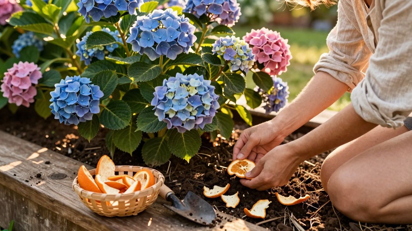 Pessoa a preparar cascas de laranja para compostagem junto a hortênsias azuis e rosas num jardim.