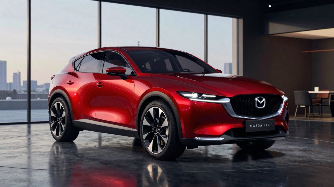 Carro SUV Mazda vermelho brilhante estacionado em interior moderno com janelas amplas e vista urbana.