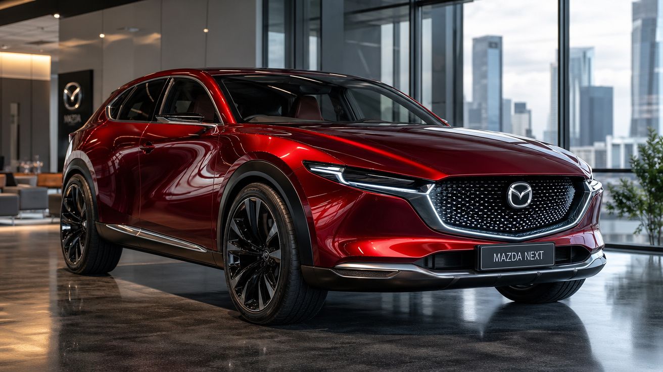 Automóvel Mazda Next vermelho brilhante exposto em salão moderno com piso refletor e vista para arranha-céus.
