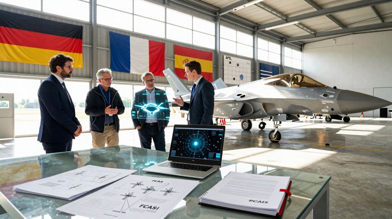 Quatro homens em reunião técnica junto a um caça em hangar, com desenhos e computador sobre mesa de vidro.
