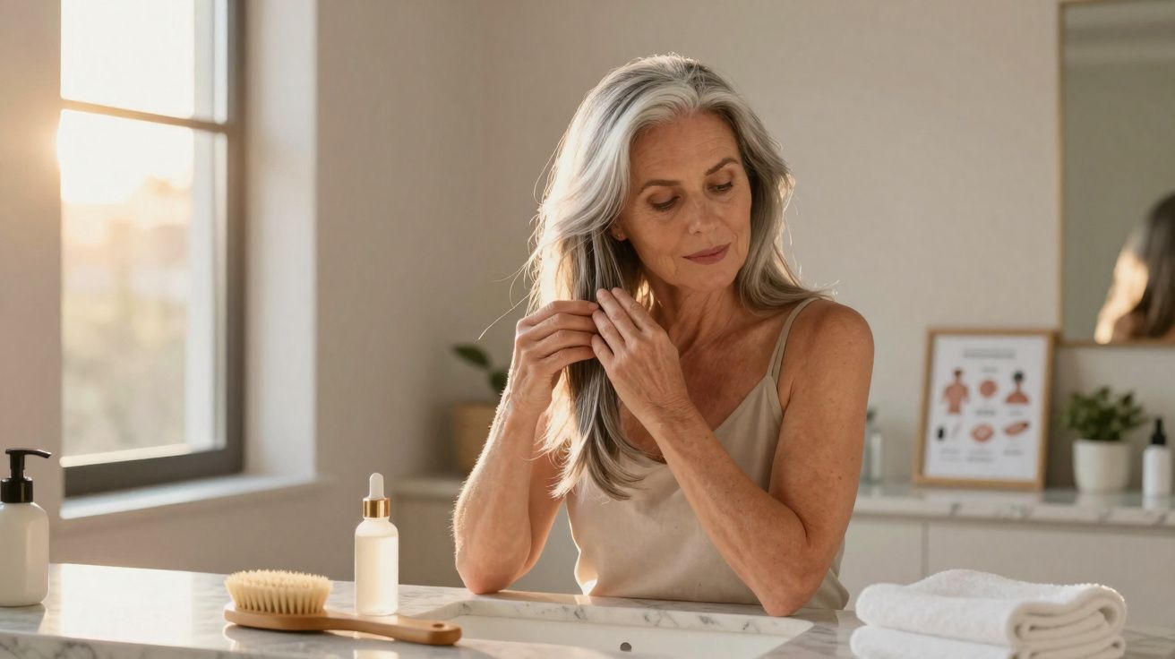 Mulher madura com cabelo grisalho penteando-se junto a uma bancada com produtos de beleza e toalhas.