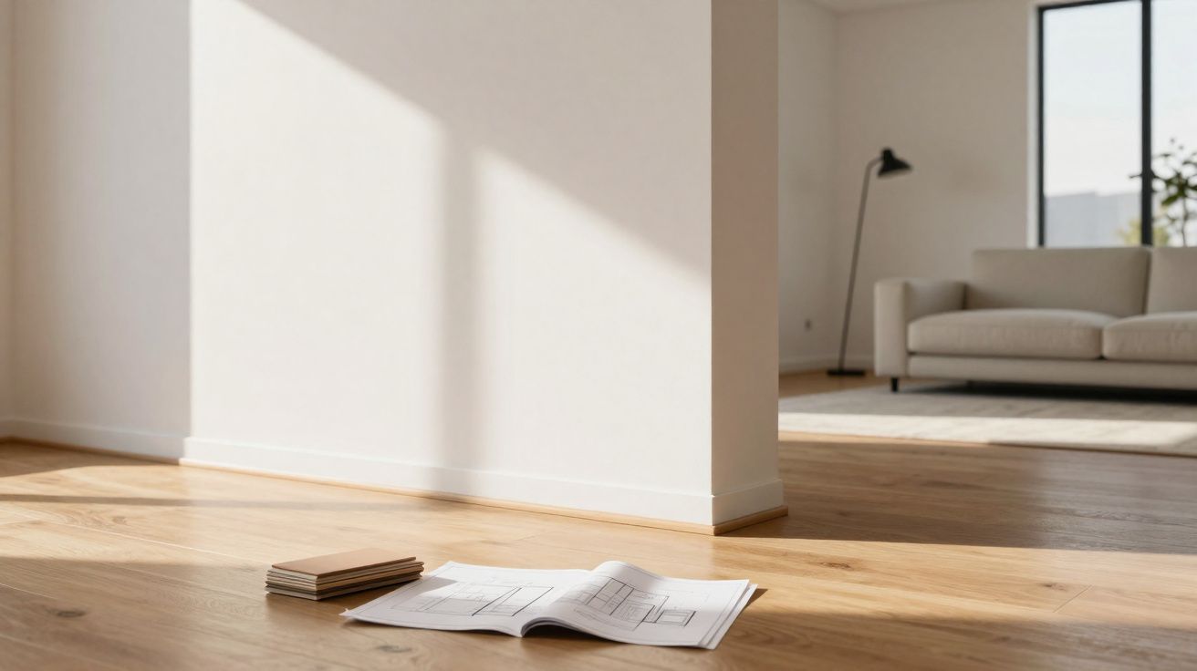 Planta aberta e amostras de madeira no chão de sala minimalista com sofá claro e candeeiro ao fundo.