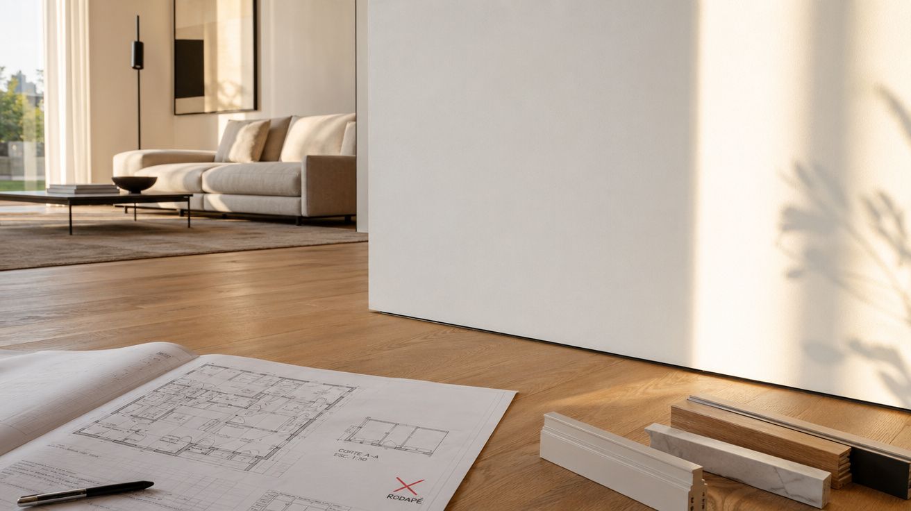 Planta arquitetónica e vários rodapés de diferentes materiais sobre chão de madeira de sala luminosa.