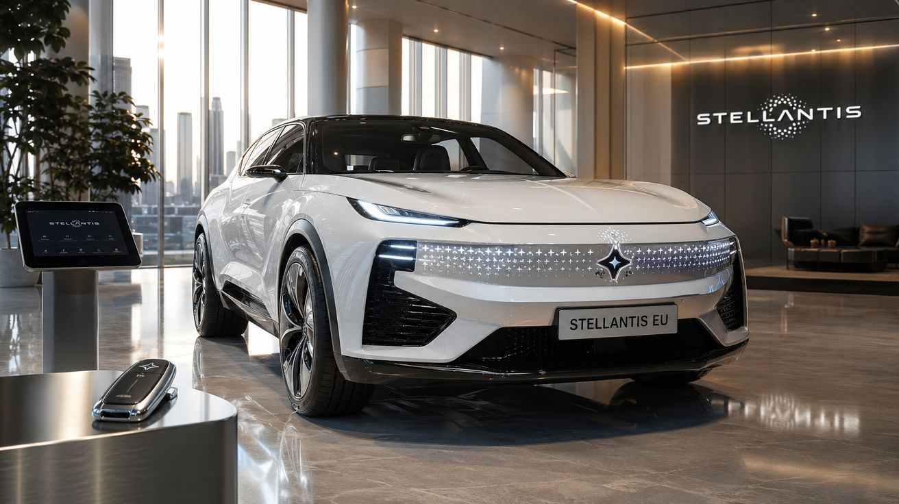 Carro elétrico branco Stellantis exposto em showroom moderno com iluminação quente e grande destaque da marca.