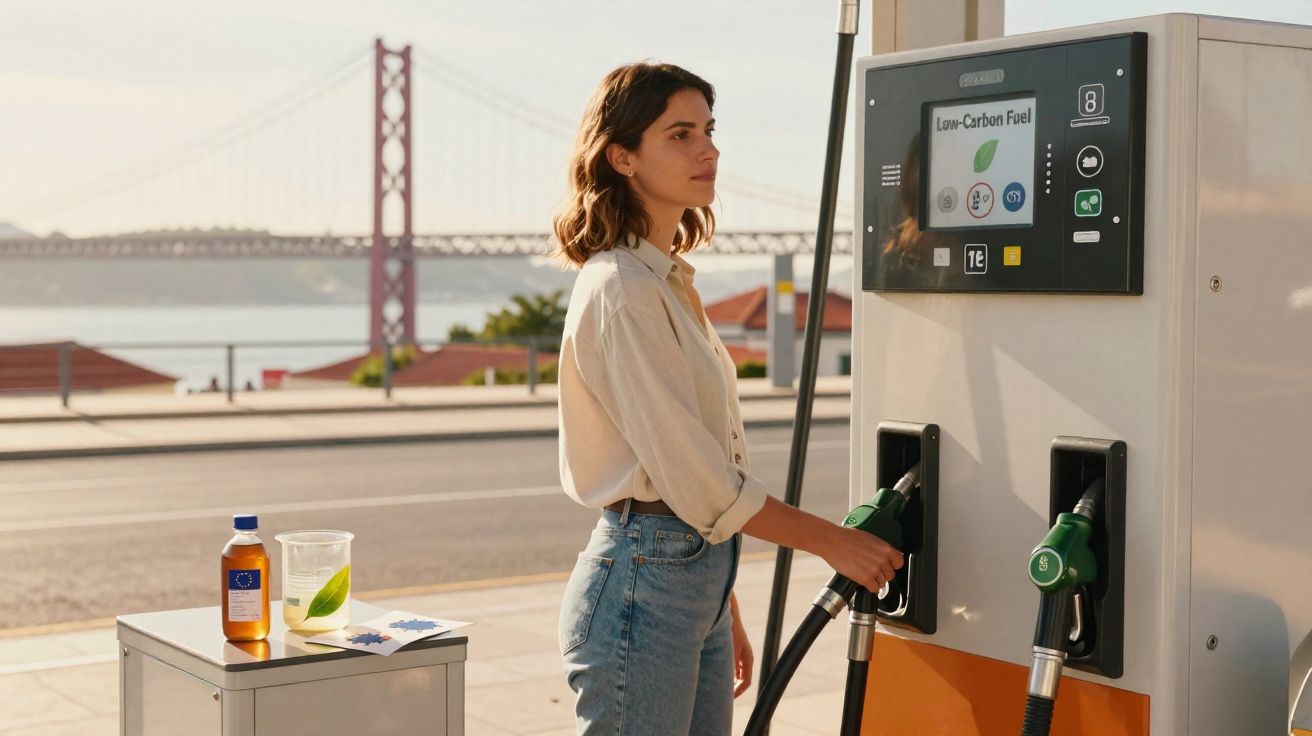 Mulher a abastecer carro numa bomba de combustível de baixo carbono junto a uma ponte e rio.