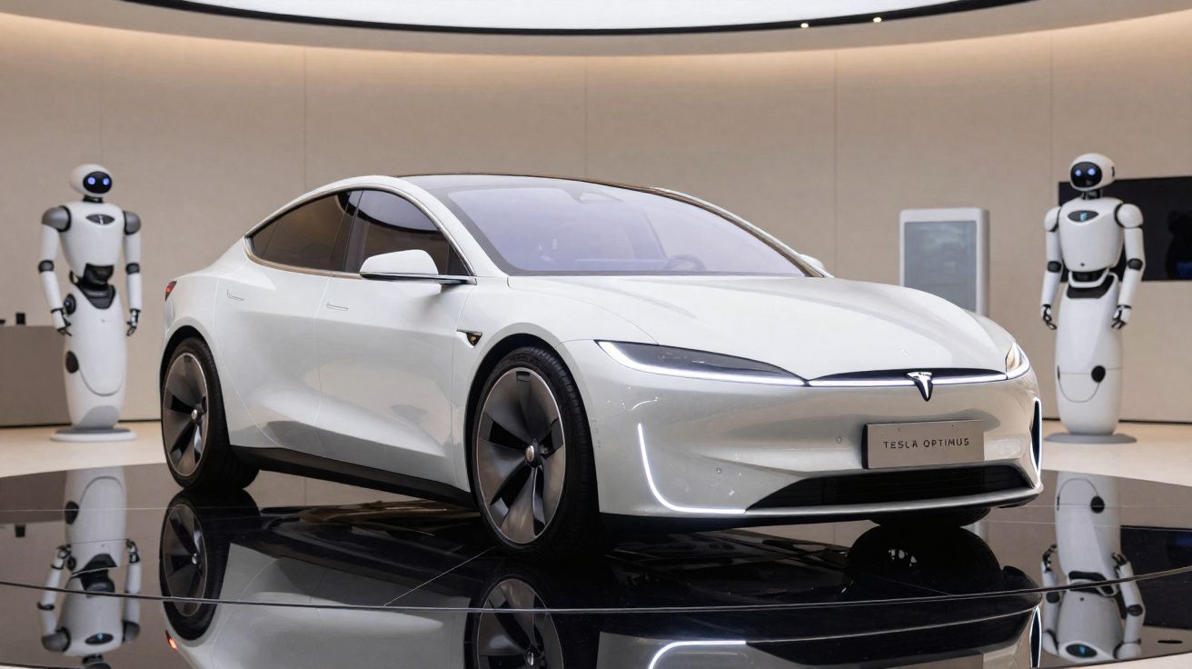 Carro elétrico Tesla branco exposto em espaço moderno, ladeado por dois robôs brancos futuristas.