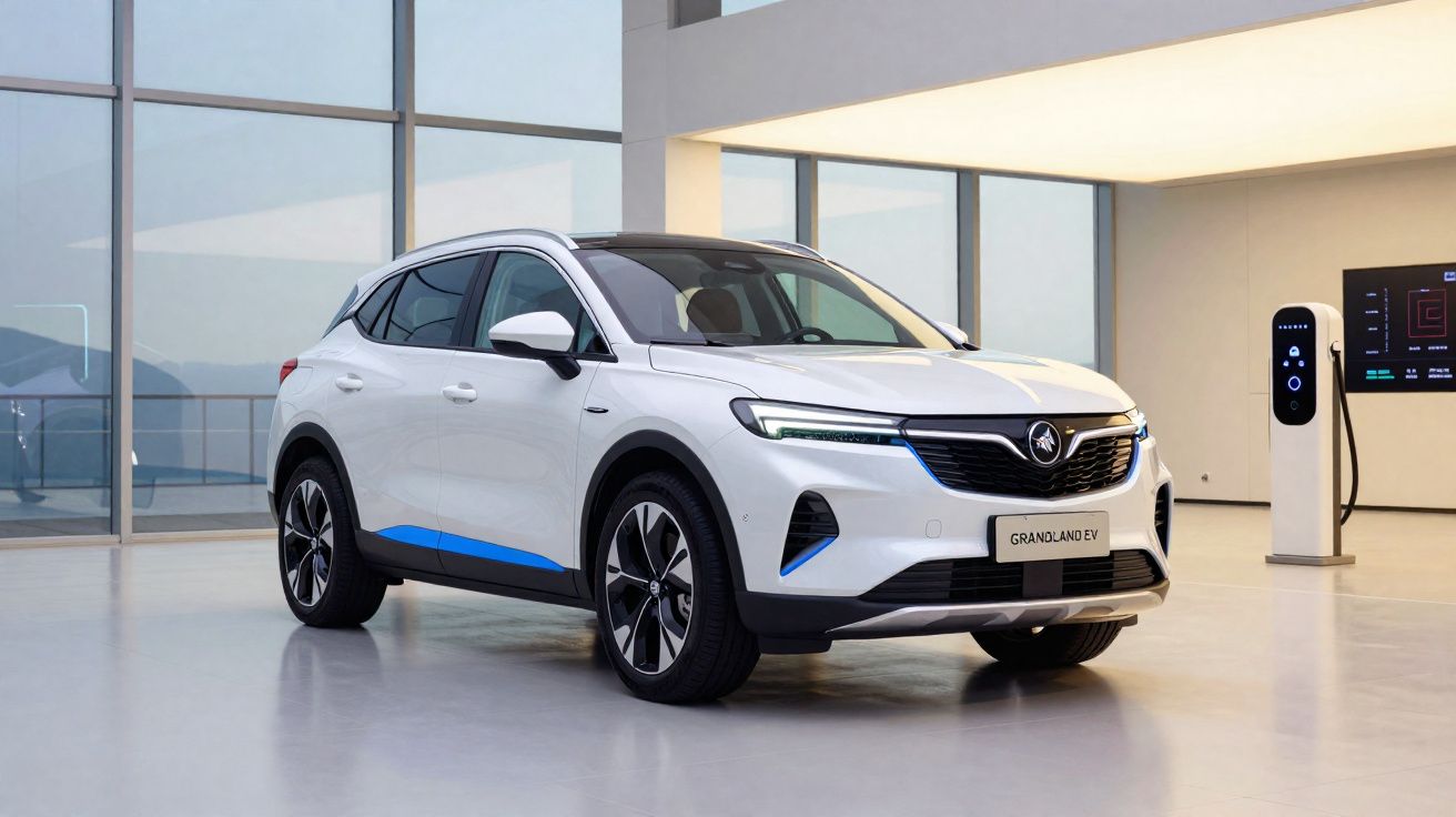 Carro elétrico branco estacionado junto a um posto de carregamento dentro de um espaço moderno e luminoso.