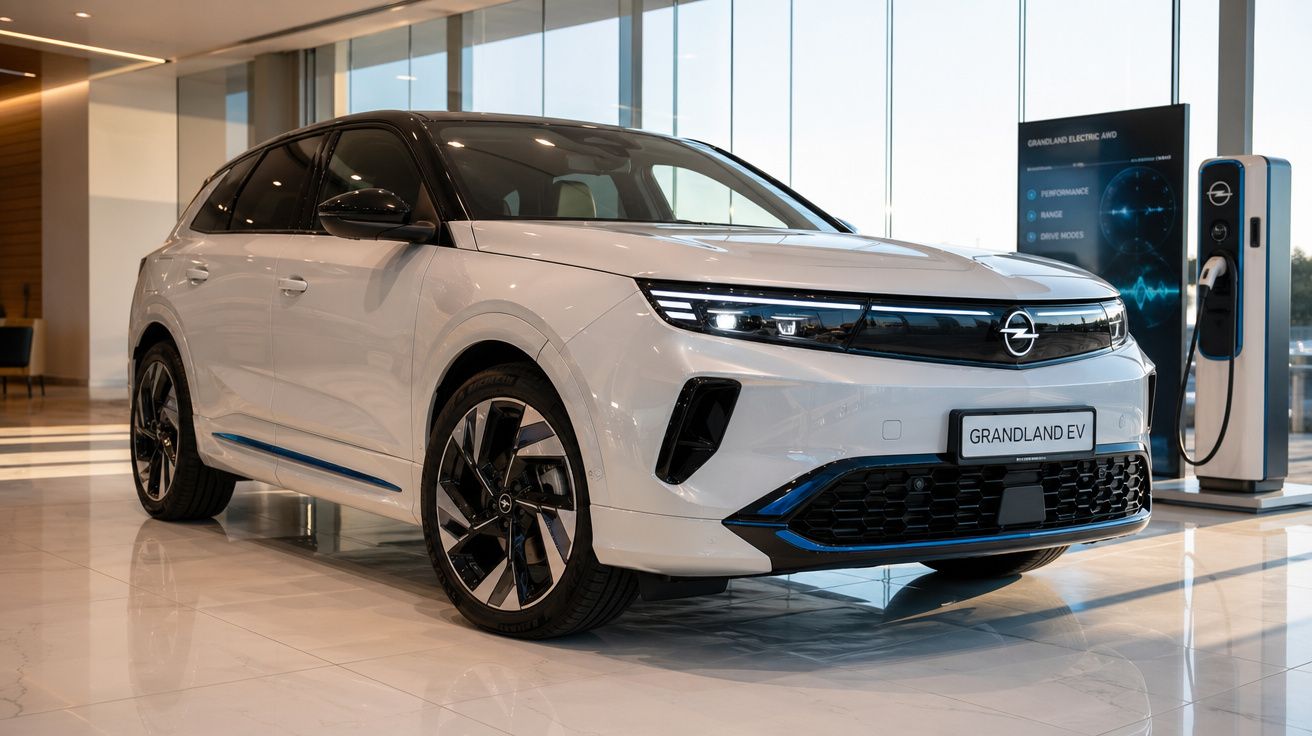Carro elétrico Opel Grandland EV branco estacionado em showroom moderno com estação de carregamento.